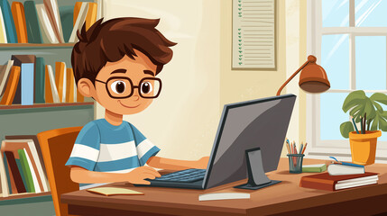 Young student learning online using a desktop computer at home