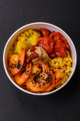 Boiled tiger shrimps with porridge, tomatoes and corn