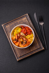 Boiled tiger shrimps with porridge, tomatoes and corn