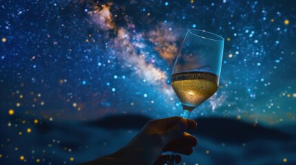 Hand holding wine glass closeup view with milky way starring night sky