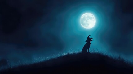 Fototapeta premium A silhouette of a howling wolf against a dramatic full moon in a misty night sky, creating an atmospheric and mysterious scene.
