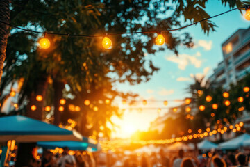 A summer festival in a park, with food stalls, live performances, and people celebrating.