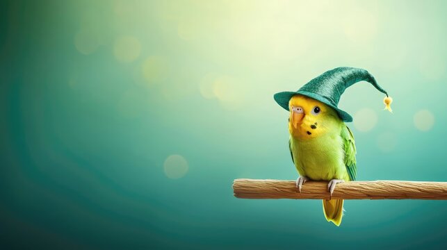 A vibrant green parrot wearing a whimsical wizard hat, perched on a branch against a dreamy, soft-focus background.