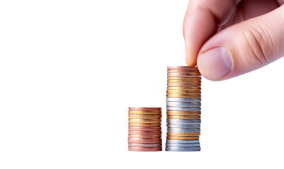 Hand stacking coins to symbolize financial growth and investment isolate on transparent background, png, cutout