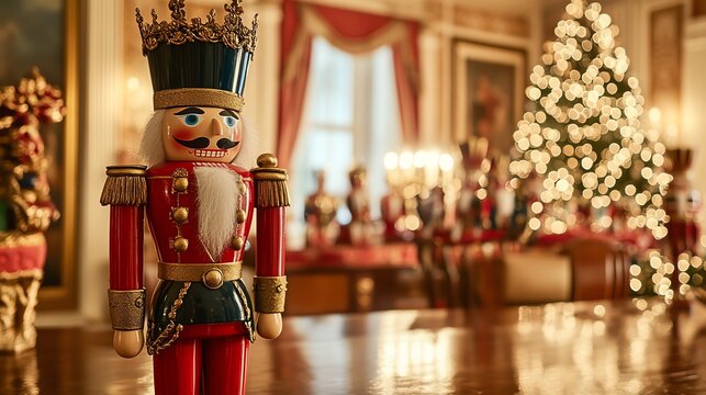 A festive nutcracker stands proudly in a beautifully decorated room, showcasing a vibrant Christmas tree and holiday cheer.