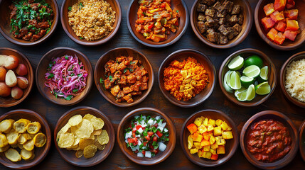 Global Street Food Feast: Vibrant Variety on Wooden Plates