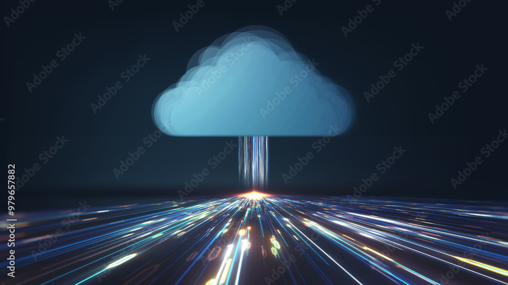 Poster futuristic cloud computing concept with a stylized cloud icon connected to streaming digital data li