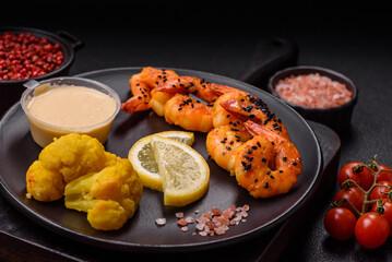 Boiled tiger prawns with white sauce and lemon