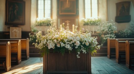 Fototapeta premium A Floral Arrangement with Candles in a Church Interior