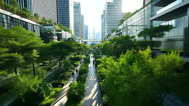 An urban area with modern, energy-efficient skyscrapers, lush green rooftops, and pedestrian-friendly walkways filled with trees and plants