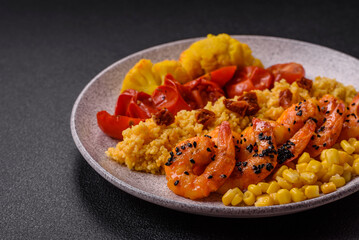 Boiled tiger shrimps with porridge, tomatoes and corn
