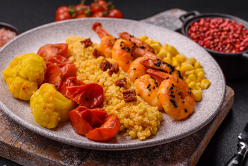 Boiled tiger shrimps with porridge, tomatoes and corn