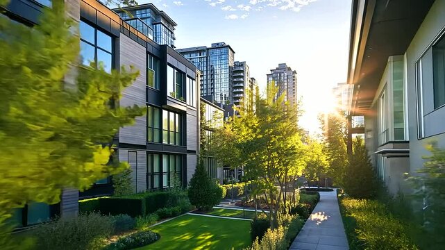 A city block featuring eco-friendly buildings with large windows for natural light, surrounded by green parks
