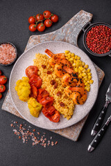 Boiled tiger shrimps with porridge, tomatoes and corn