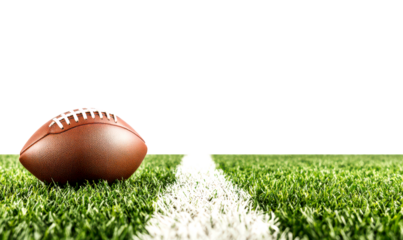 American football resting on the green field with a white line isolate on transparent background, cutout, png