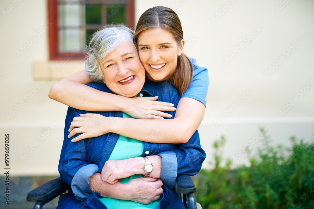 Sticker senior, woman and nurse with portrait at retirement home for comfort, injury rehabilitation and heal