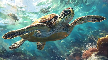 Fototapeta premium A majestic sea turtle glides through crystal-clear waters, showcasing vibrant coral and marine life in a serene underwater habitat.
