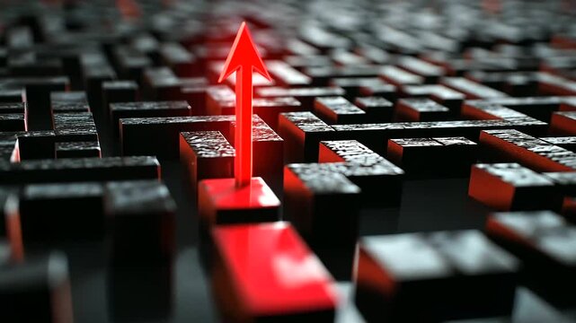 A red arrow piercing through the center of a tangled black maze, symbolizing the breakthrough of a solution