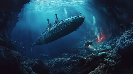Fototapeta premium A mesmerizing underwater scene featuring a submarine exploring deep ocean depths, illuminated by intriguing light and marine life.