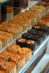 Fototapeta premium Assorted Mooncake Variety Display with Lotus Seed, Red Bean, and Mixed Nut Fillings