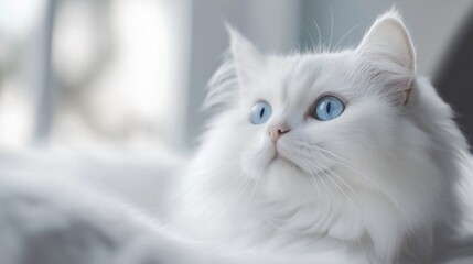 Fototapeta premium Portrait of Beautiful Persian white cat, kitten or kitty: cute white purebred feline pet with blue eyes and fluffy fur in a lovely home 