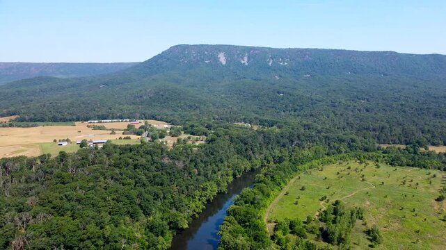 Aerial Cinematic video of the Shenandoah River and Shenandoah mountains in Luray Virginia.