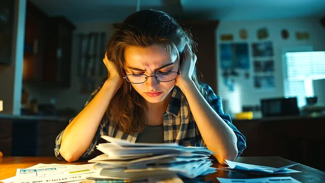 A woman looking overwhelmed by a stack of overdue bills on her kitchen table, her eyes reflecting anxiety