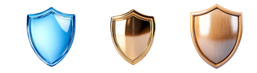 Collection of three shields, symbolizing protection and security isolate on transparent background, cutout, png