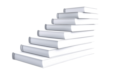 White books stacked like stairs, symbolizing knowledge progression and the journey of learning isolate on transparent background, cutout, png