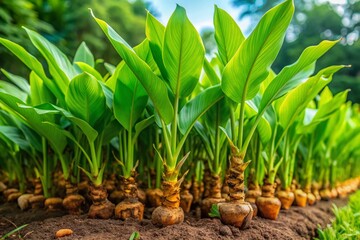 Vibrant green turmeric plants with elegantly curved leaves and hidden rhizomes thrive in a lush, natural environment, showcasing their medicinal and culinary significance.