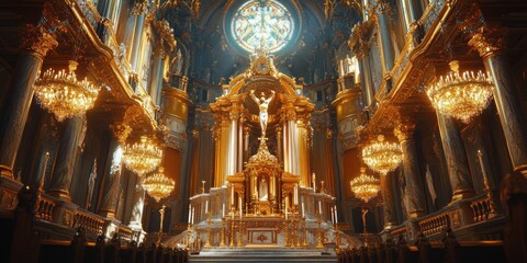 Obraz premium Ornate Church Interior with Golden Accents and Chandeliers
