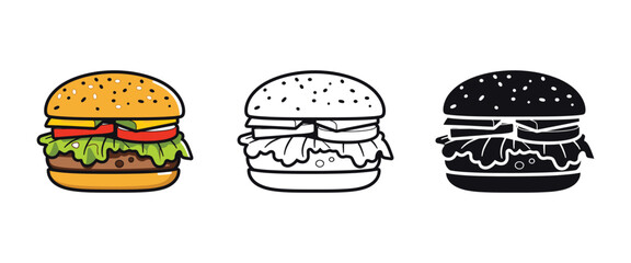 Burger Illustration Vector, Silhouette, Outline, logo type isolated on white background. 