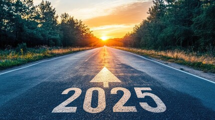 A wide open highway with "2025" painted on the pavement, an arrow guiding toward the sunrise, representing a bright future 6c