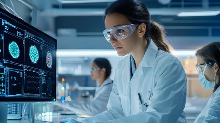 Stem cell research team in a modern lab with a focus on brightly lit digital screens showing cellular data