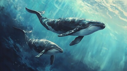 Fototapeta premium A stunning image of two majestic whales swimming gracefully in the blue ocean, showcasing marine beauty and tranquility.