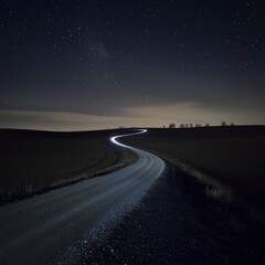 Fototapeta premium A night road with a gentle curve stretches through a field under a starry sky, with silhouettes of trees visible on the horizon. Long exposure creates a light trail on the road