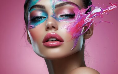 Obraz premium Beautiful woman with colored make-up. Close-up portrait