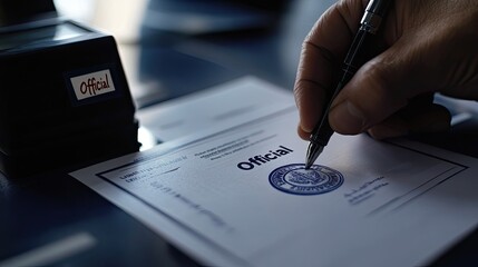 Hand signing official document with pen and stamp