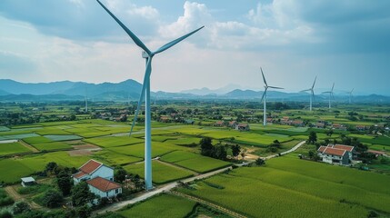 Obraz premium A field of wind turbines with a few houses in the background