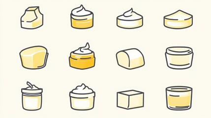 Butter and Spreads thin line icon set. Featuring salted butter, unsalted butter, margarine, ghee, and cream cheese 