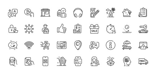Sunbed, Headphones and Repair document line icons pack. AI, Question and Answer, Map pin icons. Alcohol addiction, Bitcoin pay, Street light web icon. Market, Car key, Checkbox pictogram. Vector