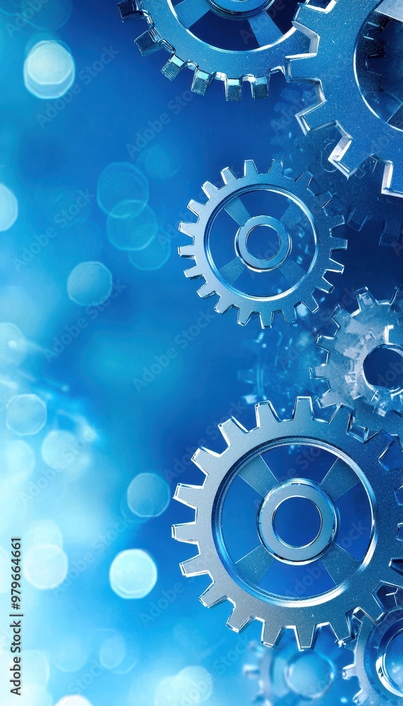 Poster an abstract image featuring blue gears, symbolizing technology, innovation, and precision in a dynam