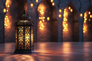 A decorative lantern illuminates a serene space with warm, ambient lighting.