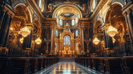 Obraz premium Ornate Interior of a Golden Catholic Cathedral