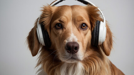Fototapeta premium A dog wearing white headphones, sitting and looking at the camera on a plain grey background.