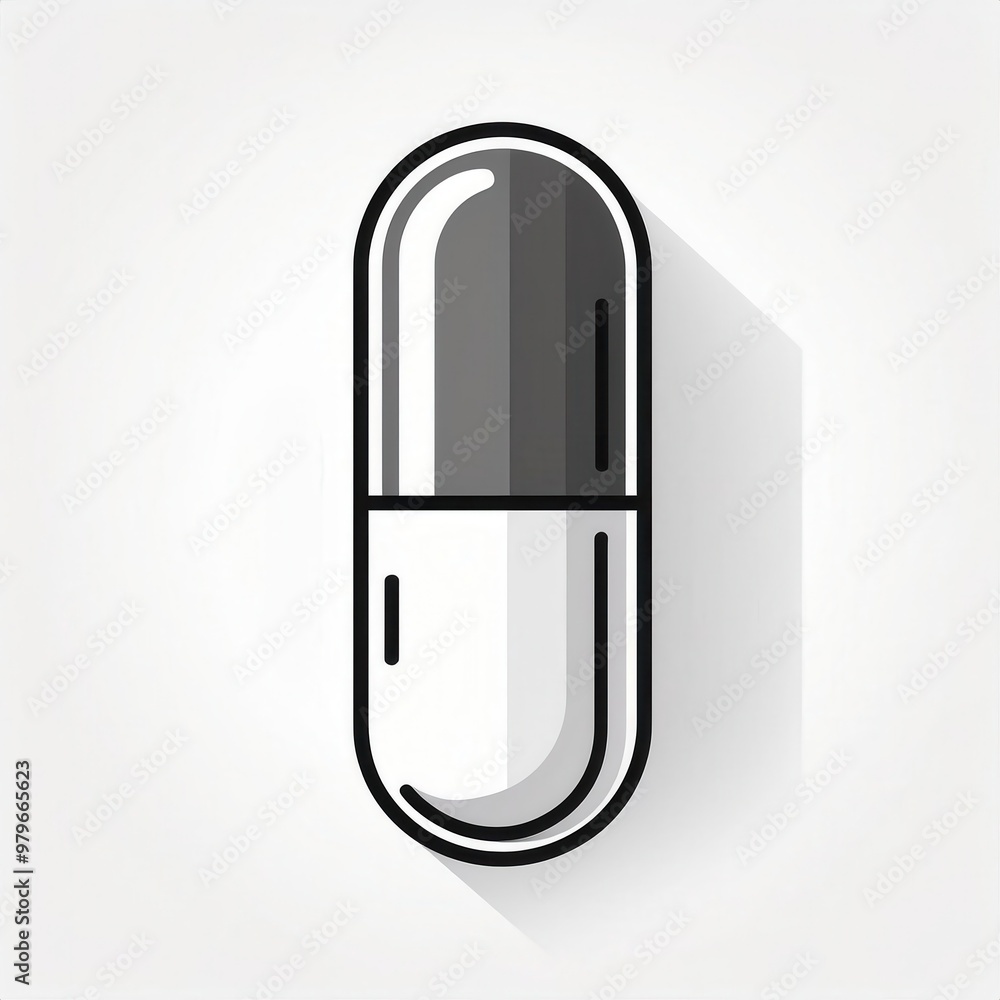 Poster minimalist icon of a red and white capsule pill with long shadow on a light background. clean, flat 