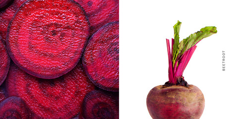 Creative layout made of beetroot on the white background and beetroot background. Food concept. Macro concept.