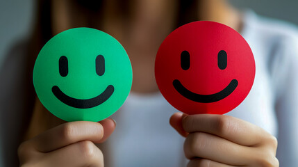 A woman's hand holding red and green paper smiley face symbols with a sad frown