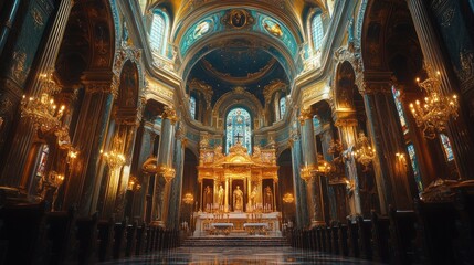 Interior of a Grand, Ornate Church with Golden Accents and Stained Glass Windows