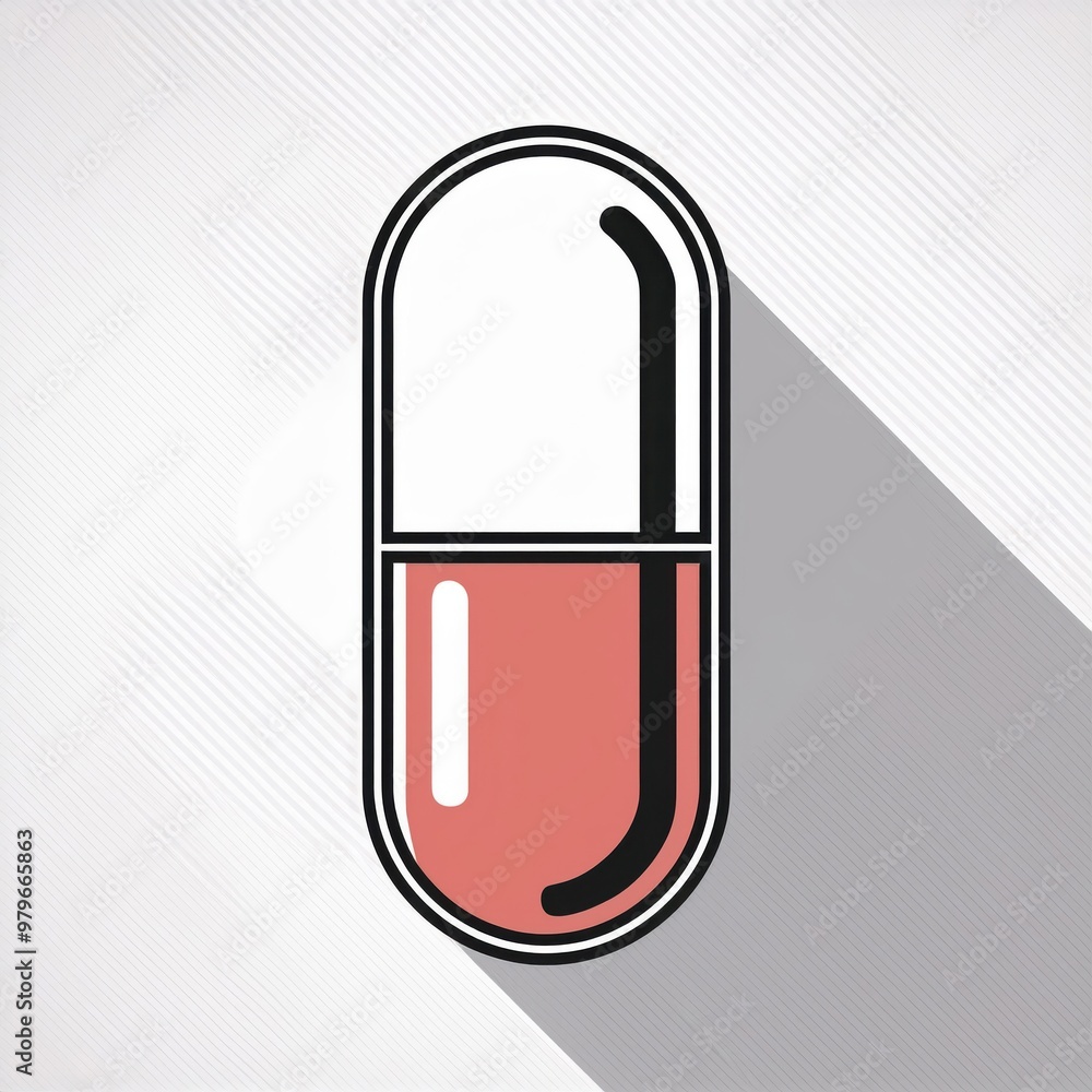 Poster minimalist icon of a red and white capsule pill with long shadow on a light background. clean, flat 